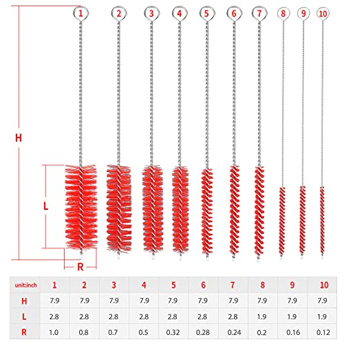 CiaraQ Bottle Cleaning Brushes, 8 Inch Nylon Tube Brush Set | Red Cleaner for Narrow Neck Bottles Cups with Hook, Set of 10pcs. - color: Red, size: 8.0 Inch (10pcs)