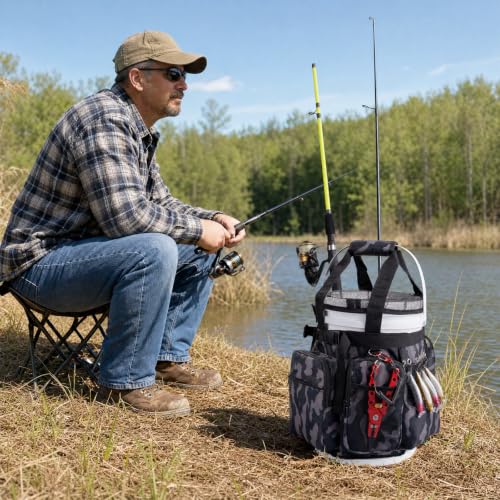 Fishing Bucket Organizer with Mesh Cover 5 Gallon Bucket Accessories Waterproof 600D Adjustable Fishing Tackle Bag with Multi-Pockets for Fishing Gear and Equipment