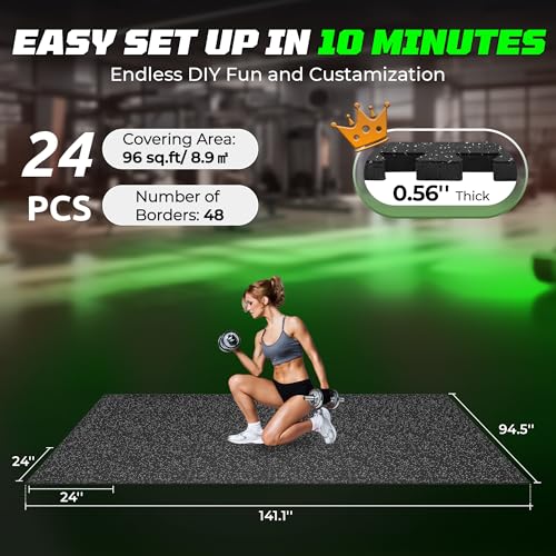 PRAISUN 0.56" Rubber Top Gym Flooring, Heavy Duty Interlocking Gym Mats for Home Gym, Non-Slip Workout Mat, 24 x 24in Large Gym Floor Mat, Protect Floors from Weights & Equipment, 96 Sq Ft, Black/Grey - size: 24 Tiles (96 Sq Ft)