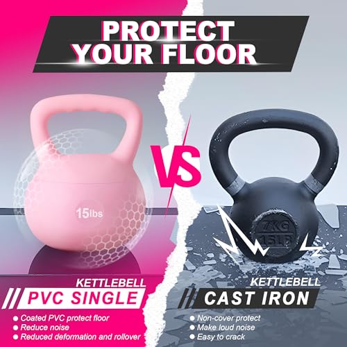soges PVC One-Piece Kettlebell with Wide Handles, Strength Training Kettlebells 5lb to 35lb Optional for Women of Different Levels, Iron Sand Filled Soft Kettlebell - color: 15lbs - Pink