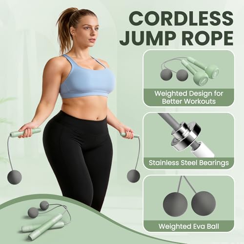 HTQ Adjustable Dumbbells, 4 in 1 Dumbbells Set Used as Barbell, Jump Rope, Wrist Weights, Resistance Band, Fitness Exercises for Home Gym Suitable for Women, Green