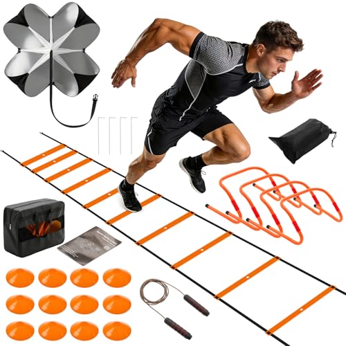 Agility Ladder Speed Training Equipment Set, 4 Adjustable Hurdles | 20 ft Ladder, 12 Cones, Jump Rope, Resistance Parachute, Soccer, Basketball, Football Practice Equipment for Youth, Adults - color: Orange, size: 17.17"*5.71"*13.31"