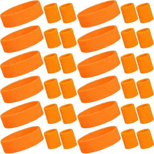 Bememo 36 Pcs Neon Sweatbands Set Soccer Party Favors Cotton Headbands Wristband Sweat Bands Soccer Mom Essentials for Football Fans Sporting Events 80 90s Glow Party - color: Orange, size: Small