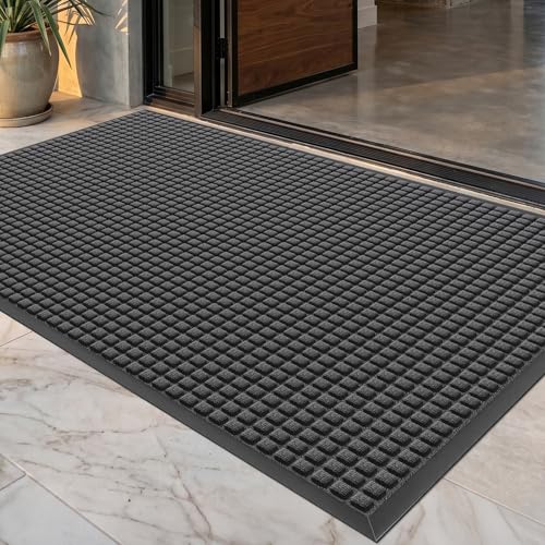 Front Door Mat Outside Entrance, Heavy Duty Waterproof Doormat | 47.5"x35.5" Indoor/Outdoor Dirt Trapper with Non-Slip Rubber Backing, Low Profile Easy Clean, Stain & Fade Resistant Grey - color: Grey, size: 2'11" x 3'11" (Rectangular)