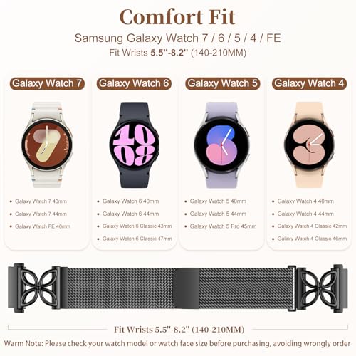 Getino Magnetic Metal Band Compatible with Galaxy Watch 7 Band 6 5 4 FE Active 2 40mm 44mm/Galaxy Watch 5 pro 45mm/Classic, Floral Dressy Milanese Strap for Samsung Watch Bands Women Stainless Steel - color: Black