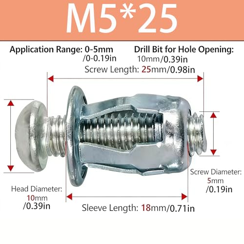 Hollow Wall Anchors, M5 Carbon Steel Drywall Anchors Kit, Heavy Duty Hollow Door Anchors and Petal Nuts for Thin Walls, Hollow Doors, Aluminum Cladding and Iron Sheet, 5 Pcs - size: M5