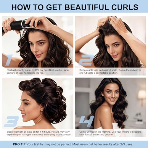 Heatless Curls Overnight Hair Care Set - Jumbo Velvet Hair Curlers | No Heat Hair Rollers for Women, Comfortable Sleep-In Hair Rollers with Satin Scarf, No Heat Damage Curling Rods for All Hair - color: Blue-4PCS