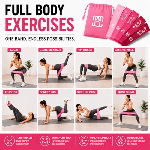GOCHA Resistance Bands Set of 5 for Exercise & Fitness – Loop Resistance Bands with Carry Bag, Natural Latex Workout Bands for Strength Training, Physical Therapy, Yoga, Pilates, Home Gym (5-40 lbs) - color: Pink Set