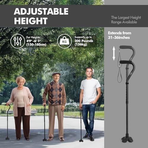 KINGGEAR F1 Walking Stick, Walking Cane for Women & Men with Wrist Strap, Lightweight & Sturdy Offset EVA Handle, Large Quad Base, Self Standing for Seniors and People with Injuries & Recovery - color: Blue