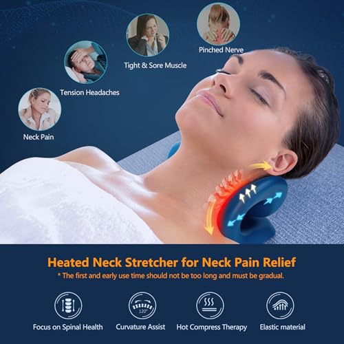 Neck Stretcher for Neck Pain Relief, Heated Cervical Traction Device Pillow with Graphene Heating Pad, Neck and Shoulder Relaxer for TMJ Pain Relief and Cervical Spine Alignment (Dark Blue) - color: Dark Blue