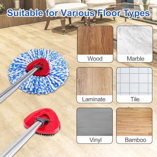Spin Mop Handle Mop Heads and Base Replacement Sets Compatible with O Cedar EasyWring Rinseclean 2 Tank System, Flexible & Reusable(1 Sets Stainless Steel Handle & 2 Refills & 1 Base & 1 Scrub Brush) - color: 1 Sets Stainless Steel Mop Handle + 2 Blue Hea