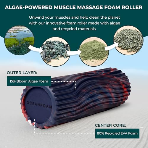 Oceanfoam Sweet Spot Medium Exercise Foam Roller 14"x5.5" – Medium Density Travel Foam Roller for Physical Therapy, Deep Tissue Massage, Yoga, Pilates, Wave Texture (Dark Navy, Red & Natural Marbled) - color: Dark Navy, Red & Natural Marbled