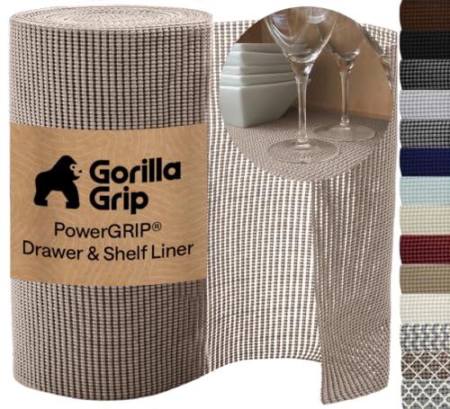 GORILLA GRIP powerGRIP Drawer Shelf and Cabinet Liner, Thick Strong Hold, Non-Adhesive Liners Protect Kitchen Cabinets and Cupboard, Bathroom Drawers, Easy Install, Breathable Mat, 12" x10', Beige - color: Beige, size: 12" X 10', style: 12" x 10'