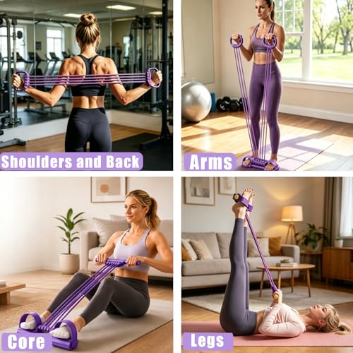 3 in 1 Adjustable Pedal Resistance Band, 10-Tube Multifunction Tension Rope | Pedal Resistance Band With Handle Suitable for Yoga, Pilates, Fat Loss, and Full-Body Shaping Workouts - color: Purple