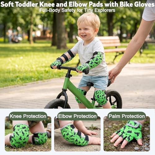 Soft Toddler Knee Pads and Elbow Pads Set with Bike Gloves | Non-Slip Toddler Knee Pads for Boys Girls 2-4 Years, Breathable Kids Protective Gear for Balance Bike, Scooter, Bicycle - color: Green