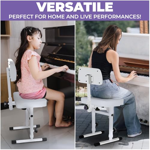 Liquid Stands White Adjustable Piano Bench with Backrest – Music Keyboard Bench Seat for Digital & Electric Pianos - Musicians Stylish Seating, Comfortable, Sturdy, Padded Cushion - Piano Stool Chair - color: White
