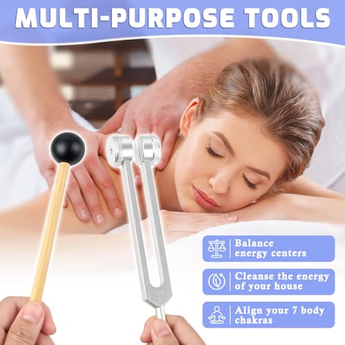 Tuning Fork Medical Sound Healing Set of 4 (128Hz, OM 136.1Hz, MI 528Hz, 4096Hz), Weighted & Unweighted Aluminum Forks with Reflex Hammer, Storage Bag and Exquisite Package for Chakra/Healing/Yoga - color: 4 Pcs - Silver