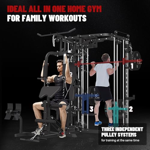 All in One Home Gym System Workout Station, Multi-Function Smithe Machine Power Cage with Cable Crossover System, Tripe-Sided Independent Load Posts, Functional Trainer for Full Body Training - color: Black, style: Home Gym Station