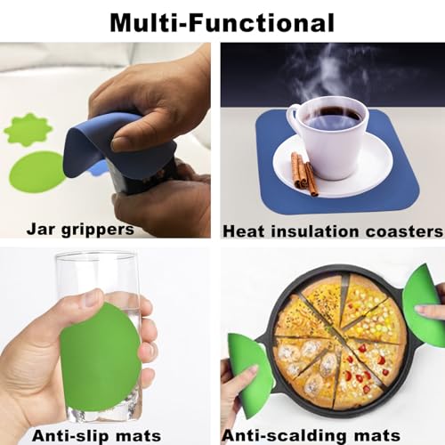 4 Pack Rubber Jar Opener Gripper Pads, Non-Slip Silicone Jar Opener for Seniors, Arthritis, Weak Hands – Easy to Twist Off Small & Large Lids, Bottle Openers, Blue & Green Set (Flowers)