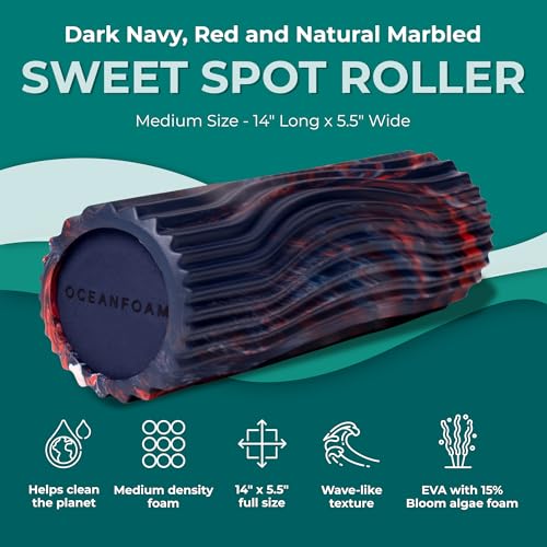 Oceanfoam Sweet Spot Medium Exercise Foam Roller 14"x5.5" – Medium Density Travel Foam Roller for Physical Therapy, Deep Tissue Massage, Yoga, Pilates, Wave Texture (Dark Navy, Red & Natural Marbled) - color: Dark Navy, Red & Natural Marbled