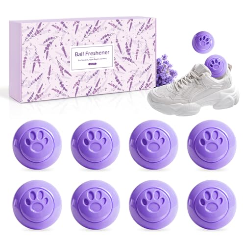SCENTORINI Shoe Deodorizer Balls, 8 Pack Lavender Sneaker Deodorizer Balls | Odor Eliminator for Smell Shoes Boots, Long Lasting Shoe Freshener for Gym Bags, Drawers and Small Spaces - size: 0.06 Ounce (Pack of 8)