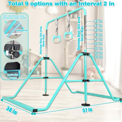 Folding Gymnastics Bar with Rings, Foldable Kip Bar with Sturdier Base, Training Bar for Kids Ages 3-10, Horizontal Bar, Home Gym Equipment for Boy Girl - color: Teal, style: Foldable Bar