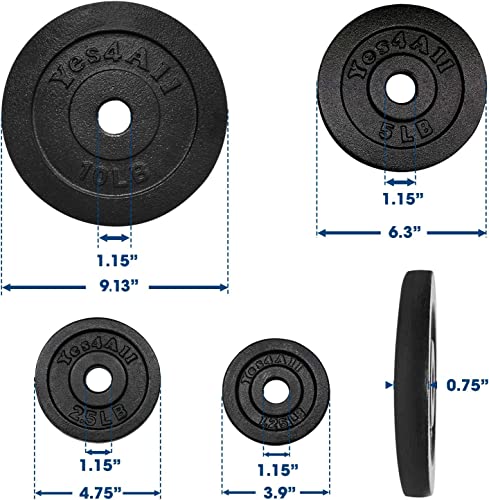 Yes4All Cast Iron Weight Plates, 1.15-Inch Standard Hole Weight Plate Set of 4 & 8, Fits Dumbbell Handles for Strength Training, Weightlifting & Home Gym Workouts - size: 37,5lb in Total(2x1.25lb +2x2.5lb +2x5lb +2x10lb)