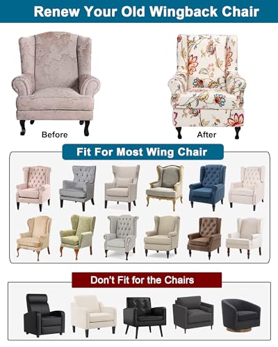 CRFATOP Waterproof Wing Chair Slipcovers 2 Piece Stretch Wingback Chair Cover Spandex Fabric Wingback Armchair Covers with Elastic Bottom for Living Room Bedroom Wingback Chair,A19 - color: Color A19