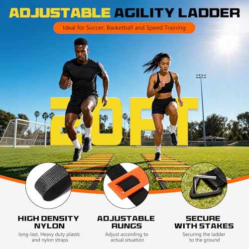 2 Pack 20ft Agility Ladder Set, 40ft Total Adjustable Speed Ladder with 12 Cones, 8 Stakes, 1 Carry Bag - Parallel Footwork Drills Gear for Football Soccer Basketball Training Equipment - color: Orange