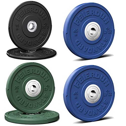 FEIERDUN Color Bumper Plate Set, 2-Inch Olympic Weight Plates, Low Bounce Rubber Barbell Plates with Stainless Steel Insert for Weightlifting, Strength Training, CrossFit & Home Gym, 10LB-370LB - style: J) 160LBS SET