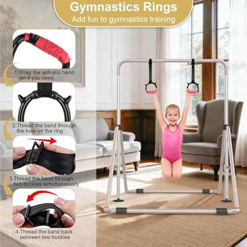 SHIWEI Gymnastics Bar for Kids, Gymnastic Kip Bar 5-Height Adjustable Home | Foldable, Indoor Outdoor Use, 140lb Capacity, for Ages 3-8, with Gymnastics Rings, Anti-Slip & Space-Saving Design - color: Beige