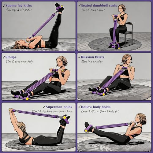 Upgraded Pedal Resistance Band with 4x25 lbs Resistance Tubes Multifunction Home Gym Workout Equipment for Sit Up & Calves Back ABS Leg Hip Arm Exercise - color: Purple
