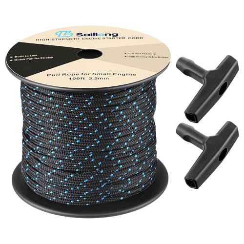 3.5mm 100' Starter Rope, Pull Cord Rope for Small Engine with 2 Starter Handle, Diameter High wear Resistant, Low Stretch, Replacement for Lawn Mower Chainsaw Trimmer Edger Brush Cutter Engine - color: Black & Blue, size: 3.5mm