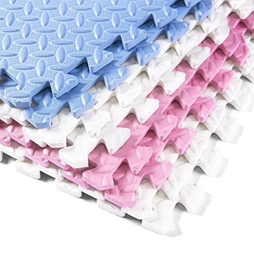16Pcs Foam Play Mat, EVA Soft Interlocking Floor Mats, Solid Colored Foam Puzzled Floor Mats, Baby Play Mat Exercise Mats with Storage Bag(White/Pink/Gray Blue) - color: White/Pink/Light Blue, size: 16 Pcs/47.2*47.2