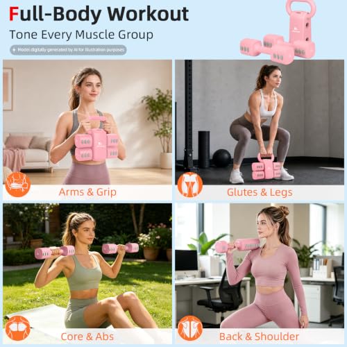 Abahub 2 in 1 Kettlebell & Dumbbell Set for Home Gym, Adjustable Weights Dumbbell Set with Kettlebell Grip Converter, Full Body Workout Kettlebell Set of 2 for Men Women - color: Pink