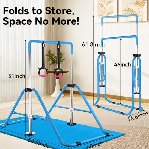 WATBKHE Gymnastics Bar Adjustable & Foldable Training Kip Bar with Rings and Mats, Sturdy Gymnastics Horizontal Bar, Gymnastics Equipment for Home Practice, Blue