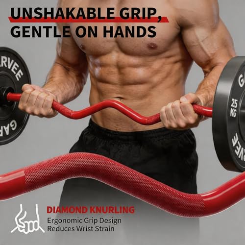 Olympic EZ Curl Barbell Bar 47" – Professional Curl Bar for Biceps, Triceps, Squat & Hip Thrusts, 700lb Weight Capacity, Fit 2-Inch Plates – Home Gym Strength Training Bar - color: Red