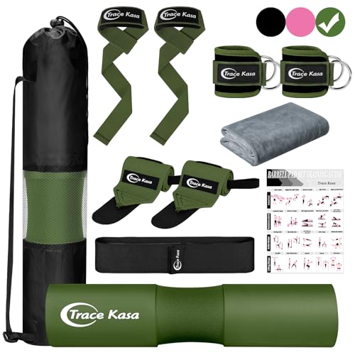Barbell Pad Set: 10 PCS Gym Equipment Accessories | Squats Hip Thrusts Pad Ankle Straps for Cable Machines Women Men Hip Resistance Band Weight Lifting Straps Wrist Wraps - color: Green