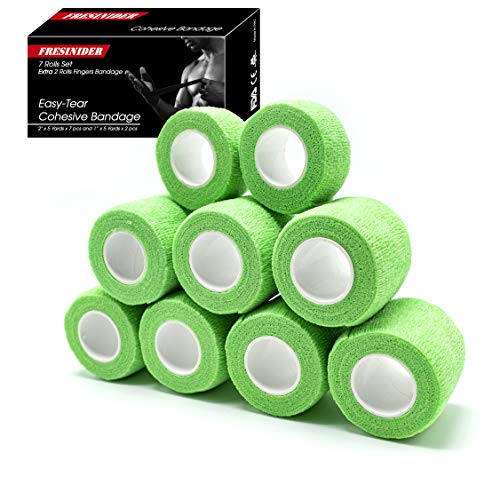FRESINIDER 9 Rolls Self Adhesive Wrap Athletic Tape Gauze, Breathable Elastic Cohesive Bandage for Sports Injury & Pet (7 Pcs 2" x 5 Yards + 2 Pcs 1" X 5 Yards) (Fluorescent Green) - color: Fluorescent Green