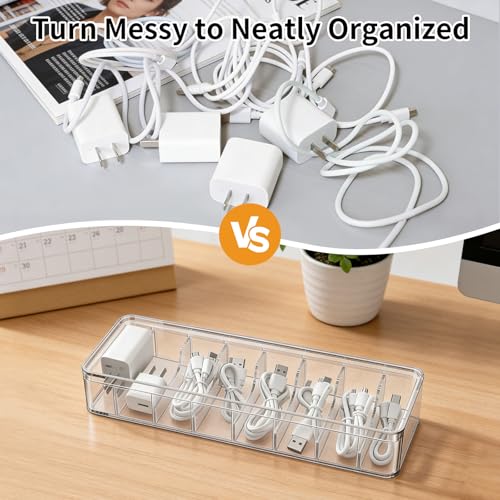Cable Organizer Storage Box with Lid - Clear Phone Charger Cord Organizer Case - Cables Wire Management Box with Adjustable Compartments 10 Wire Ties for Drawer Desk Office Home Accessories(1 pack) - size: 1 Pack