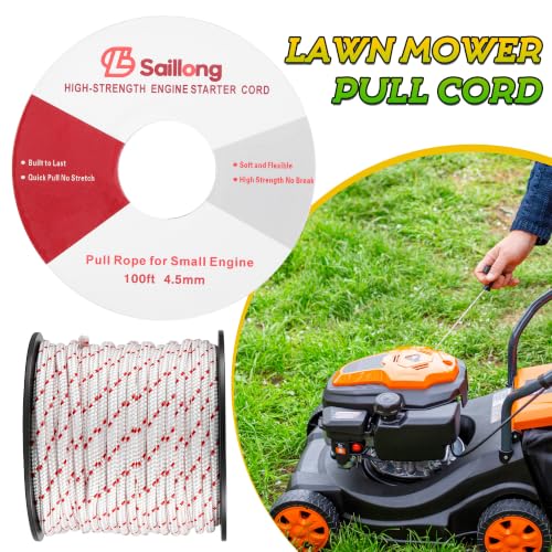 Saillong 4.5mm 100ft Starter Rope, Pull Cord Rope for Small Engine with 2 Starter Handle, Wear Resistant, Low Stretch, Replacement for Lawn Mower Chainsaw Trimmer Edger Brush Cutter(White & Red) - color: White & Red, size: 4.5mm