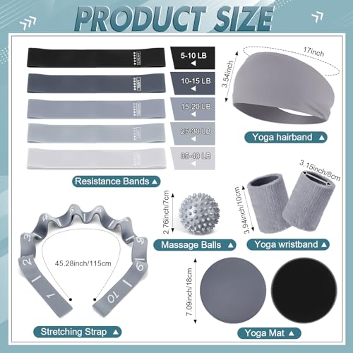 Poen 18 Pcs Home Pilates Kit for Women Pilates Ball and Ring Circle Set Yoga Fitness Essential with 5 Resistance Band Stretching Strap Non Slip Sock Ball Core Slider Wristband Headband Gym Bag - color: Gray