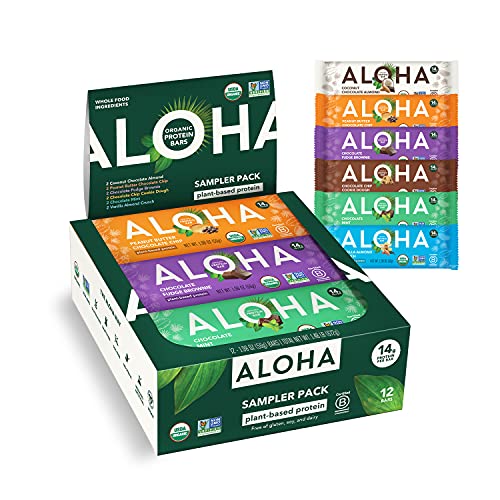 ALOHA Organic Plant Based Protein Bars - 6 Flavor Variety Pack - 12 Count, 1.9oz Bars - Vegan Snacks, Low Sugar, Gluten-Free, Low Carb, Paleo, Non-GMO, Stevia-Free, No Sugar Alcohol Sweeteners - size: 12 Count (Pack of 1)
