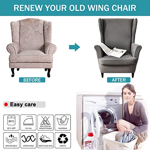 NILUOH Wingback Chair Slipcover 2 Pieces, Stretch Spandex Wingback Chair Covers Washable Slipcover for Wingback Armchairs Non-Slip Furniture Protector with Elastic Bottom for Living Room - color: Dark Grey01