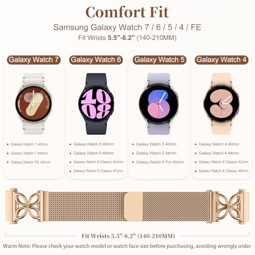 Getino Floral Metal Band Compatible with Galaxy Watch 7 Band 6 5 4 FE Active 2 40mm 44mm/Galaxy Watch 5 pro 45mm, 20mm Magnetic Strap for Samsung Watch Bands Women Stainless Steel Milanese Loop - color: Rose Gold