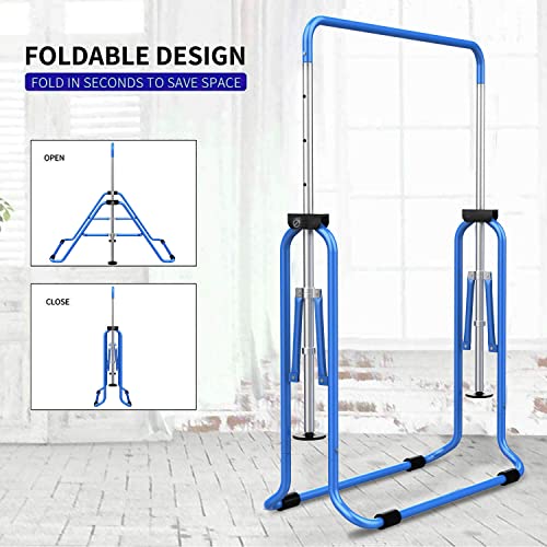 Tepemccu Gymnastics Bars, Adjustable Gymnastic Horizontal Bars for Kids | 5-Height Adjustable 34.8"-50.8", Foldable for Home Training, Include Children Gymnastics Rings and Bar Pad, Indoor Outdoor - color: Blue