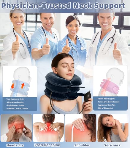 Adjustable Inflatable Cervical Traction Device, Soft Neck Stretcher Support Pillow with Sleep Eye Mask