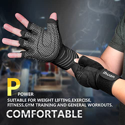 ihuan Ventilated Weight Lifting Gym Workout Gloves with Wrist Wrap Support for Men & Women, Full Palm Protection, for Weightlifting, Training, Fitness, Hanging, Pull ups - color: Black, size: X-Small