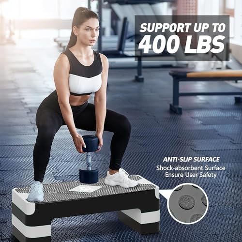 GYMMAGE Aerobic Exercise Step, Adjustable Height, | Aerobic Workout Step Platform for Exercise, 26.5" Step Deck with Adjustable Height, Women Home Gym Cardio Fitness - color: White