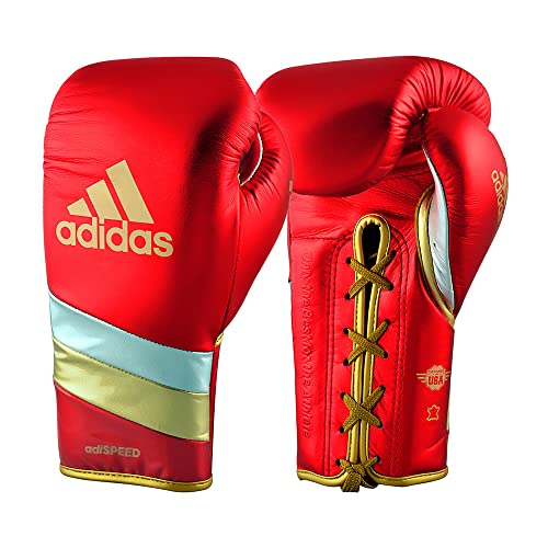 adidas Speed 500 Pro Boxing Gloves – Genuine Leather Training Gloves for Men & Women, Lace-Up Heavy Bag & Kickboxing Gloves - color: MET RED/GOLD/SILVER, size: 14 oz